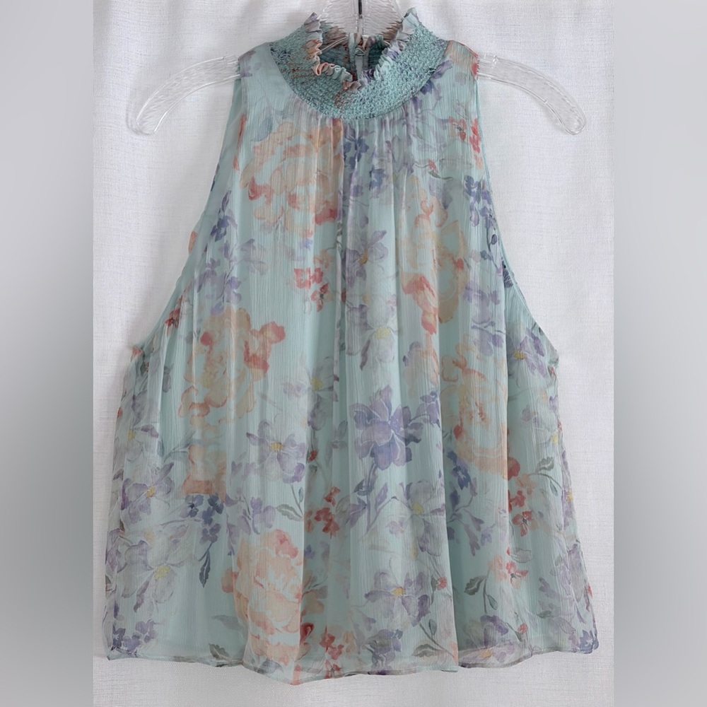 Alice + Olivia Annmarie halter Top,sky blue,floral print,smoked turtleneck.Sz M